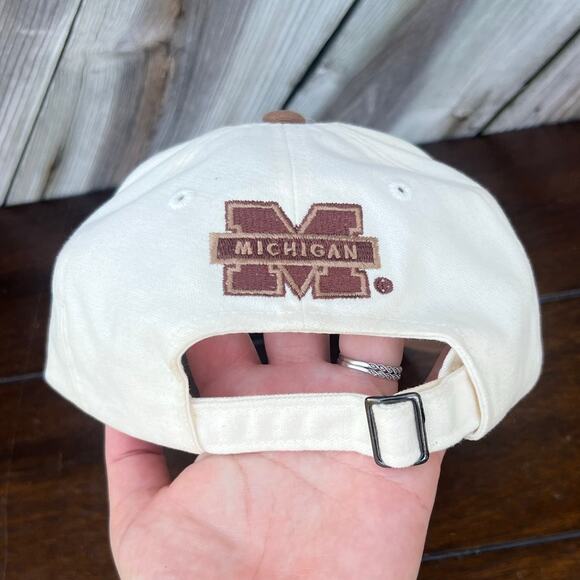 VTG Michigan Wolverines Snapback Hat Tan Brown Leather Patch NCAA - Picture 5 of 9